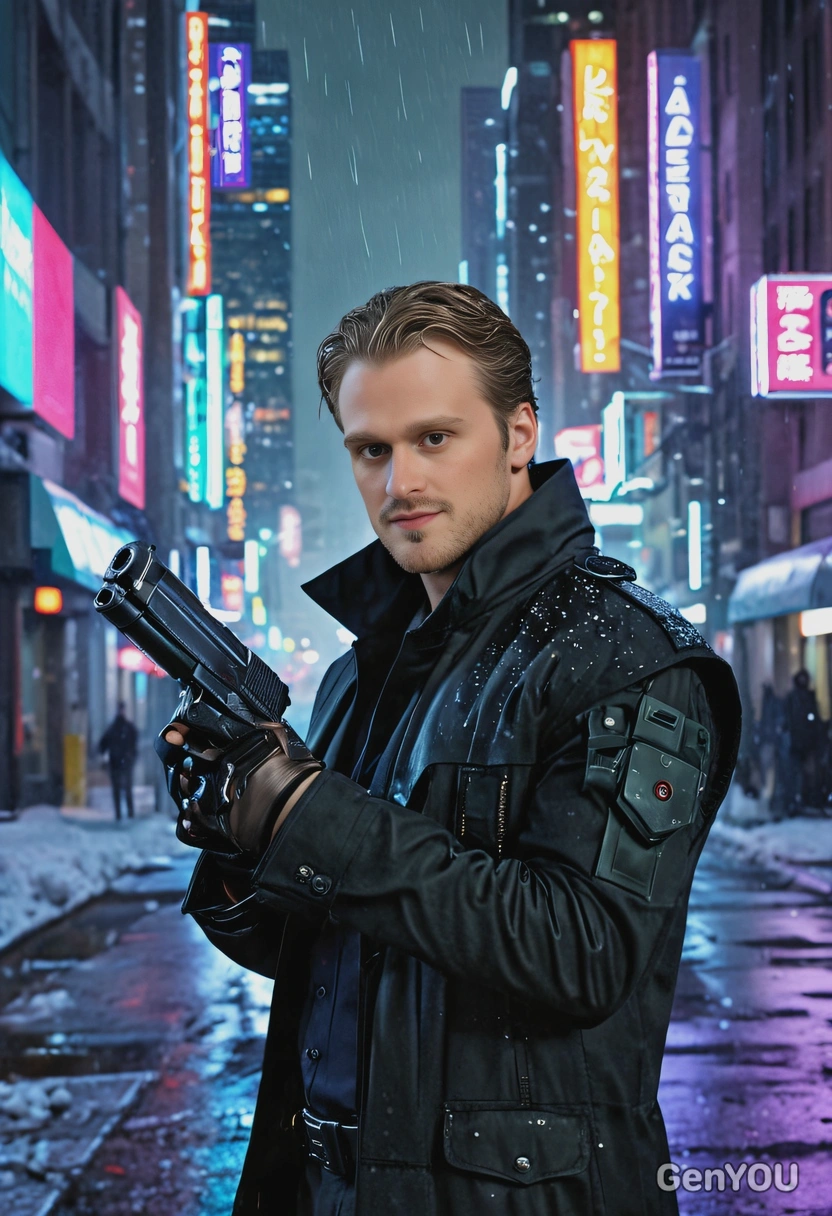 as a cosplayer of agent K from Blade Runner, standing on a city street, pistol in hand, blurred  futuristic city behind, skyscrapers, night, snow falling, neon lights, vivid colors, high-quality cinematographic style