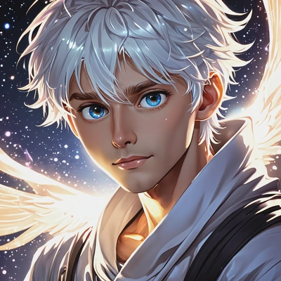 A magical boy, surrounded by glowing light, in anime style, big eyes, manga drawing