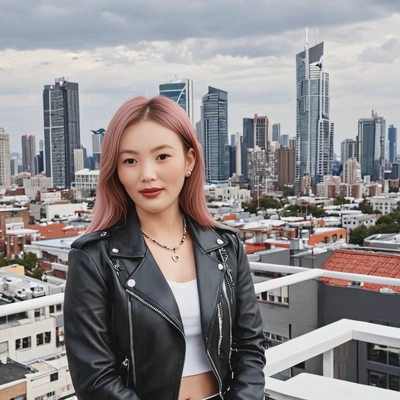 as Rosé from Blackpink, wearing a sleek black leather jacket and silver jewelry, standing on a rooftop with the city skyline in the background