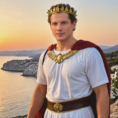 As a Greek hero, in a tunic with a golden laurel crown, standing under a radiant sunset