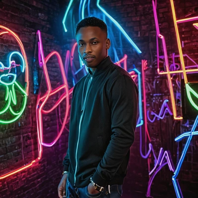posing next to a neon lights at a vibrant club party