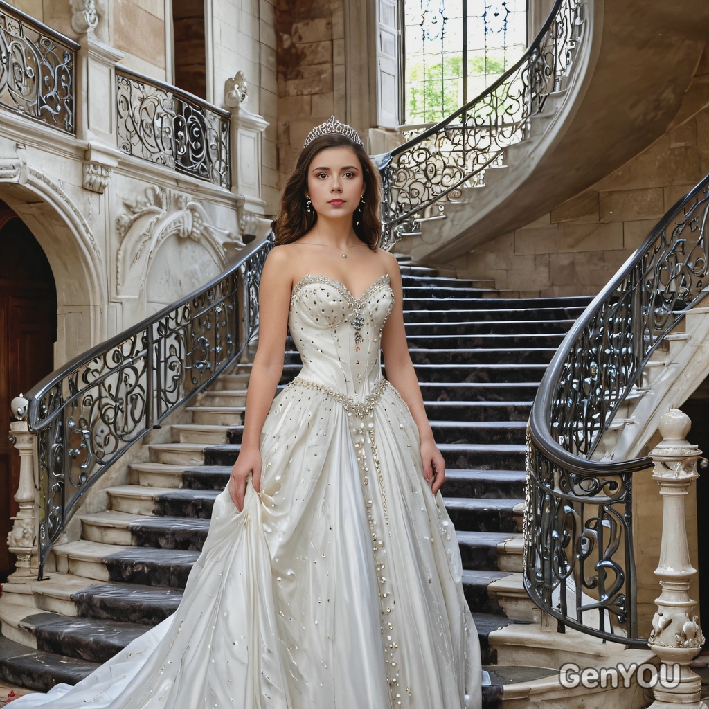 as a princess in a flowing ball gown adorned with pearls and gemstones, standing gracefully by an ornate marble staircase inside a majestic castle