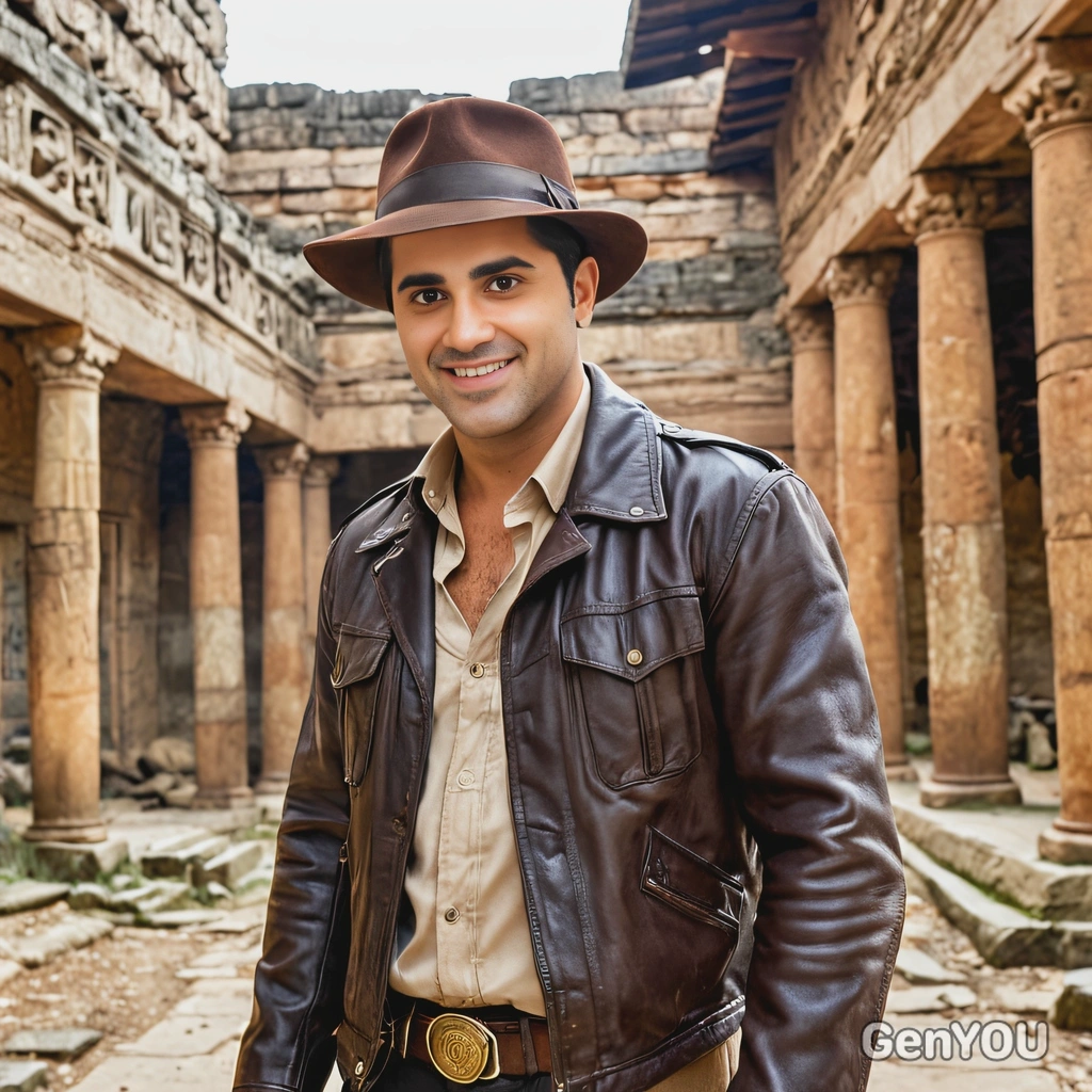 as Indiana Jones from Raiders of the Lost Ark, in a brown fedora and leather jacket, in an ancient temple