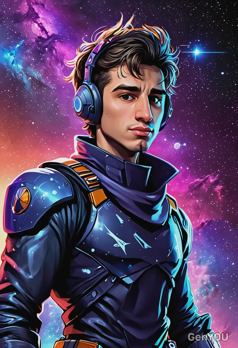 2D cartoon style, rough sketch with bold colors, space corsair with gravity boots, oversized cartoon big sparkling eyes, nebula space battle background