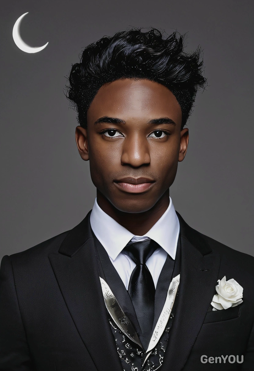 with crescent moon-inspired makeup, professional shot, black skin, suit