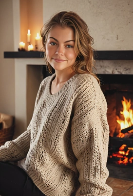 as a hot woman in a cosy sweater, sitting near the fireplace, dim indoor lighting, light glare, blurred background