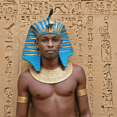as an Ancient Egyptian pharaoh, wearing a gold and blue headdress, standing beside a sandstone statue with hieroglyphs carved into the walls around him