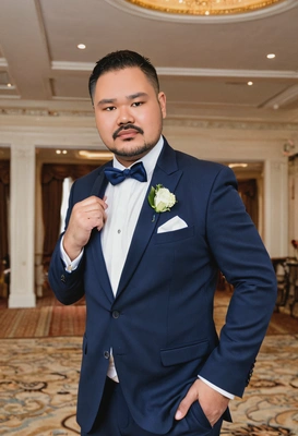 as a groom in a navy blue suit, adjusting his tie while standing inside an elegant ballroom