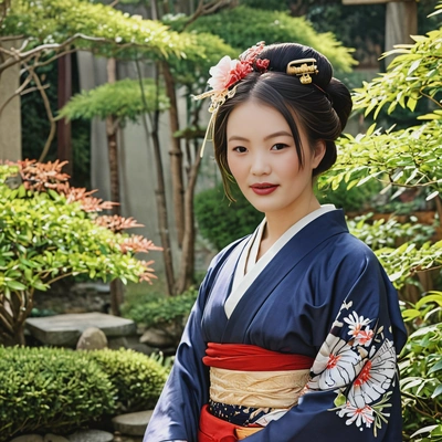 Ancient japanese geisha in serene garden setting