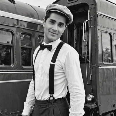 in 1930s suspenders and cap, standing beside a vintage train, in black and white