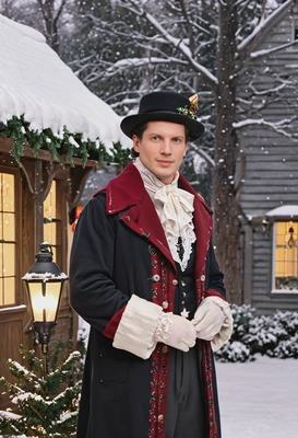 dressed as a Victorian caroler, wearing a vintage-style holiday coat and bonnet, standing in front of a snow-covered cottage with a lighted Christmas tree inside, mid shot photo 