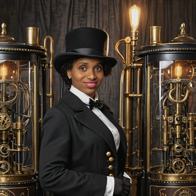 as a lady detective from the 1800s, wearing a top hat, monocle, and a detective's coat with intricate brass details, standing beside a mysterious machine with glowing tubes.
