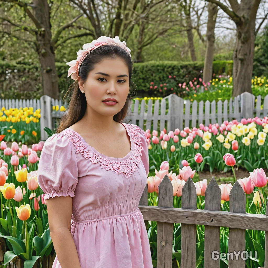 dressed in a soft pink dress, standing by a quaint wooden fence in a garden full of tulips and daffodils, the air filled with the freshness of spring