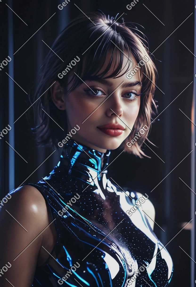 front-side silhouette of a flirty woman in futuristic glass dress, soft sensual vibe, mysterious mood, vignetting, Synthwave aesthetics, seductive eyes on viewer, as if generated by AI