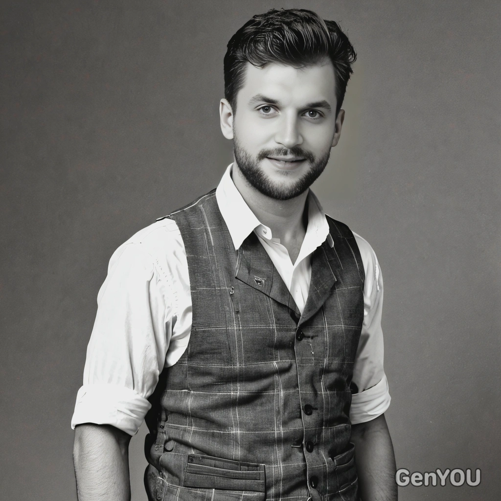 old photo, wearing a vest and rolled-up sleeves, with a black-and-white effect