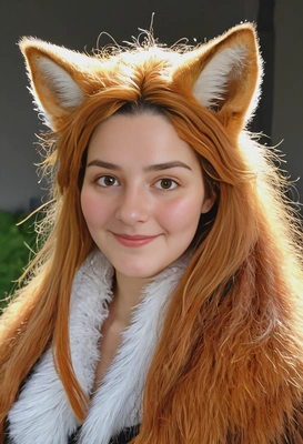 with animalistic fox features, adorned with fur, whiskers, fox ears and tail