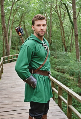 As Robin Hood, wearing a green tunic with arrow slung over his shoulder, standing atop a wooden bridge in the heart of Sherwood Forest