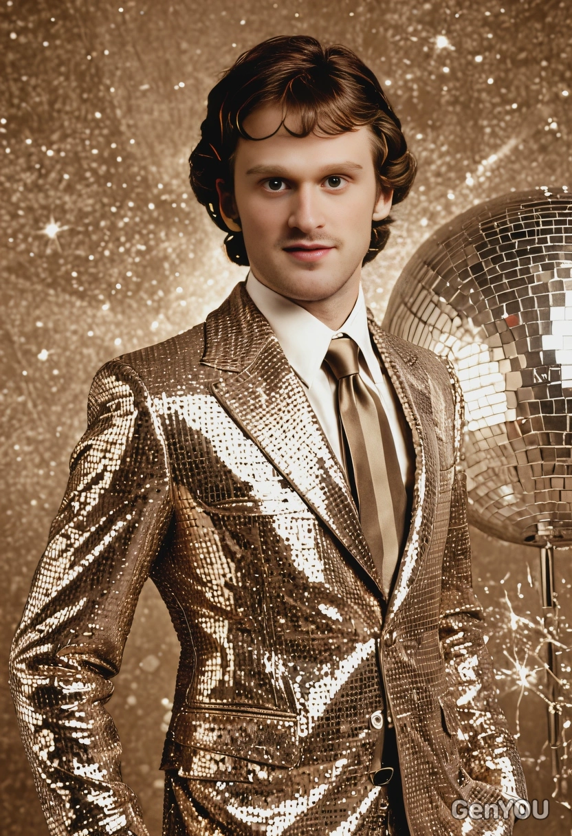 in a 1970s disco suit, a sparkling disco ball, sepia color vintage effect