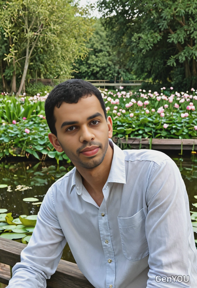 in a light button-up shirt, leaning on a wooden railing near a pond, with blooming water lilies and trees reflected in the still water