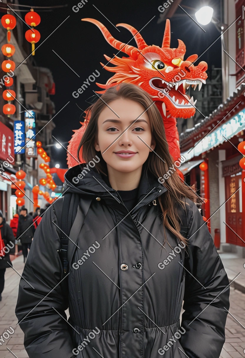 tourist on the street, in black parka, celebrating Chinese Lunar new year near a red dragon, blurred background
