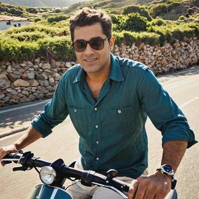 riding a vintage scooter along a coastal road, wearing sunglasses and a breezy shirt, with the sun shining overhead