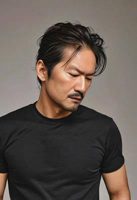 black shirt, brunette