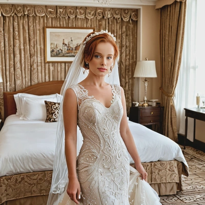 as a bride, wearing a vintage-inspired gown with intricate beading, posing in a luxurious hotel room