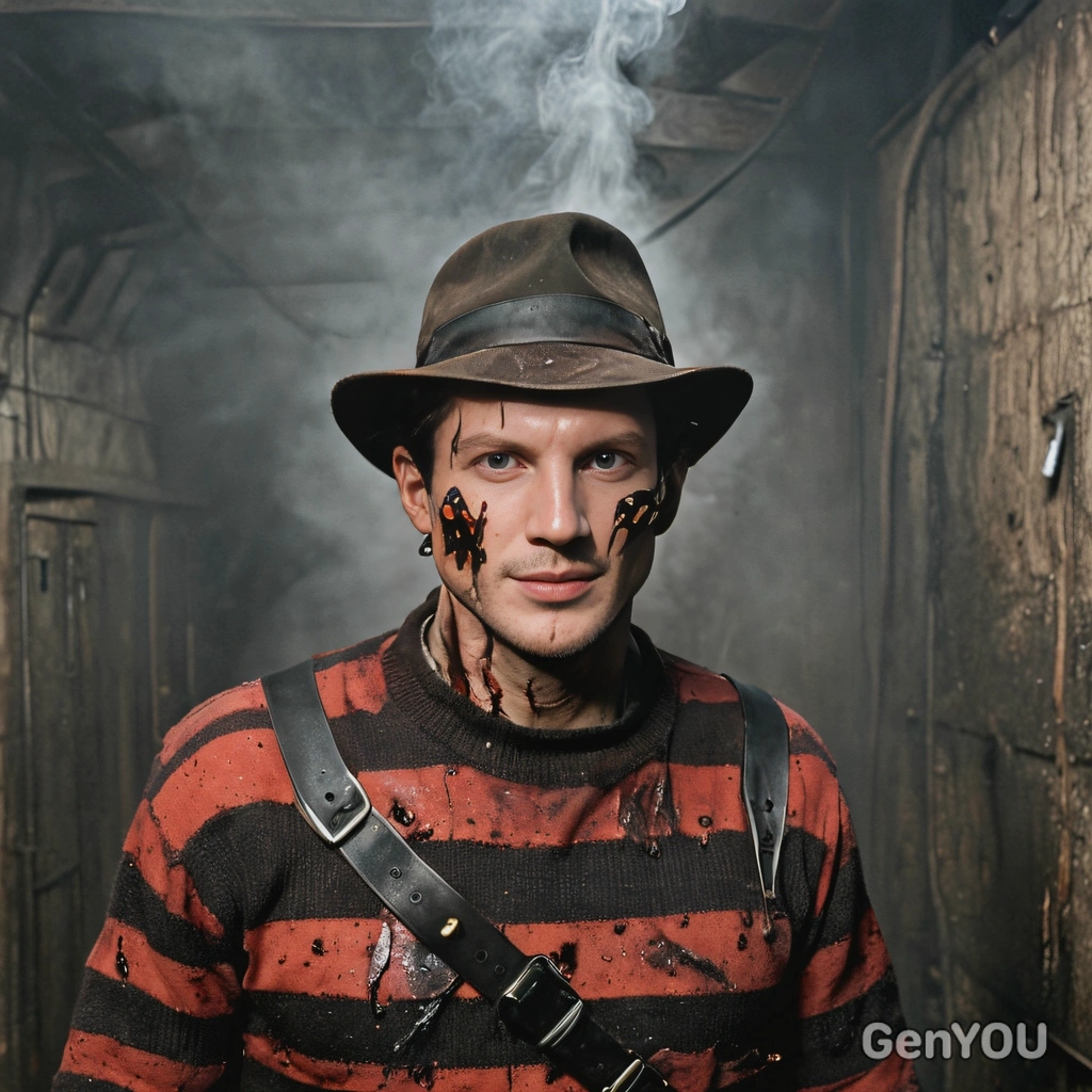 as Freddy Krueger, burnt face, emerging from the shadows of a misty boiler room 