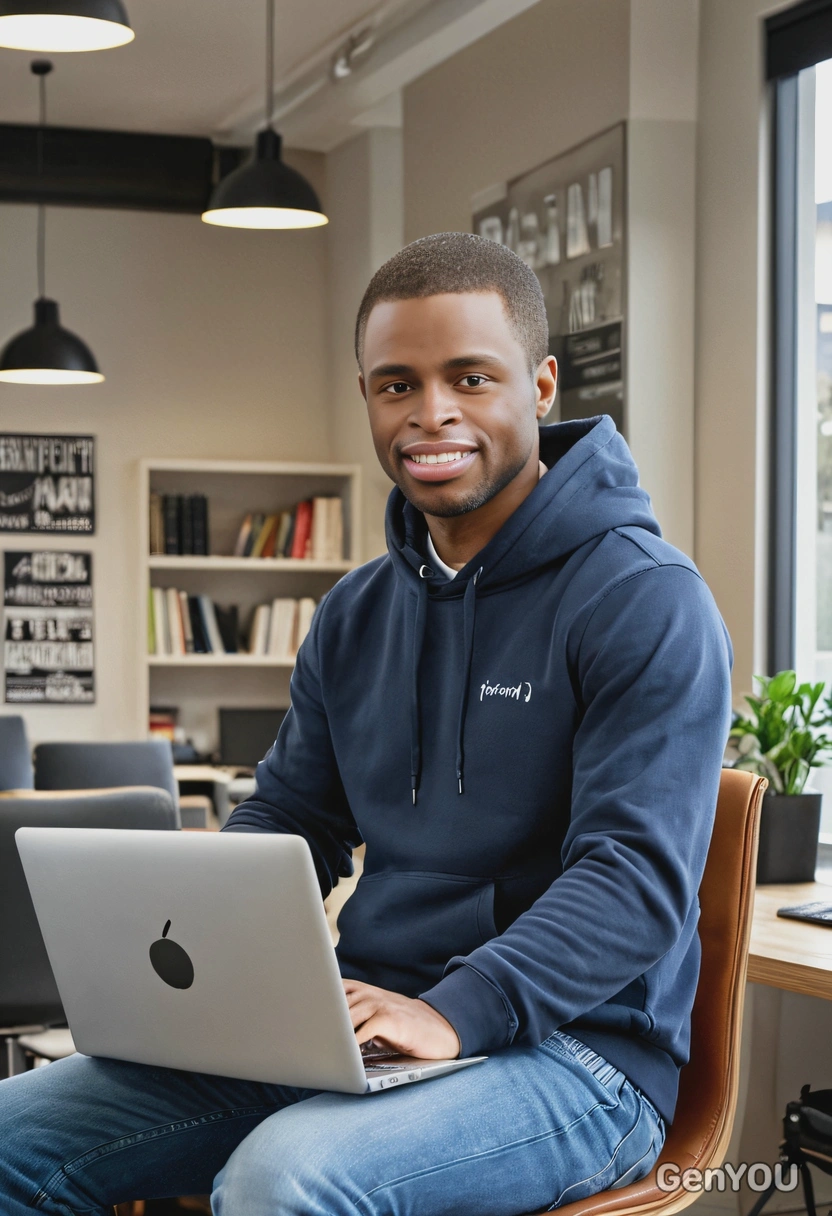 as a software developer in a casual hoodie and jeans, working on his laptop, in open-plan office background