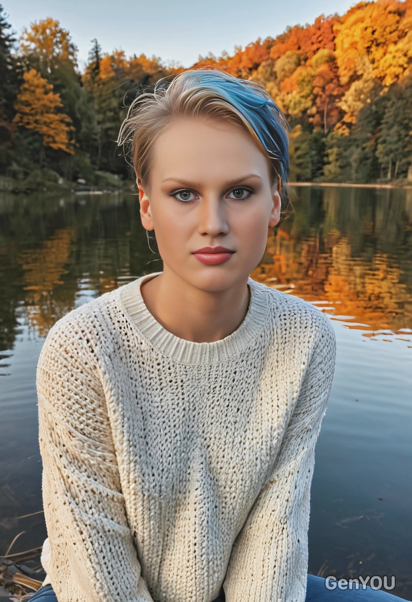 as a person posing by a lake at sunrise, wearing a light sweater and jeans, smiling suggestively, close up, symmetrical clothing details, vivid colors, cinematographic style, high-quality stylized art