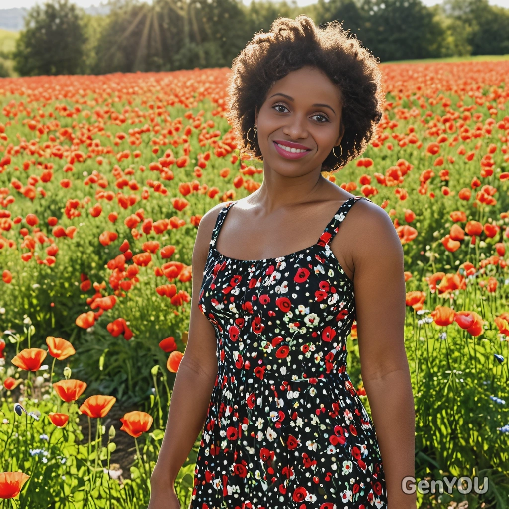 wearing a simple floral sundress, standing in a field of poppies, with the warm spring sun shining down