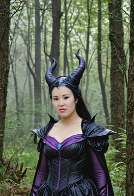 as Maleficent from Sleeping Beauty, dressed in her black and purple gown with a horned headdress, standing in a dark, eerie forest with green flames around her
