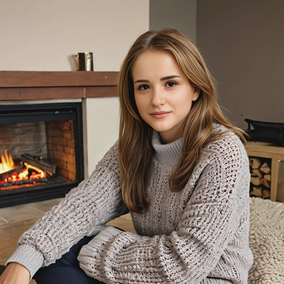in a thick sweater, sitting by a fireplace 