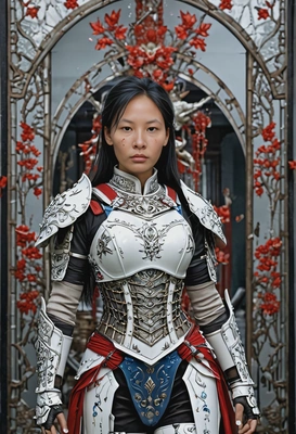 As a porcelain doll-like warrior, her delicate body reinforced with magical armor, standing in a realm of shattered mirrors, looking directly at you, vivid colors, symmetrical clothing details, video game style, high-quality stylized art