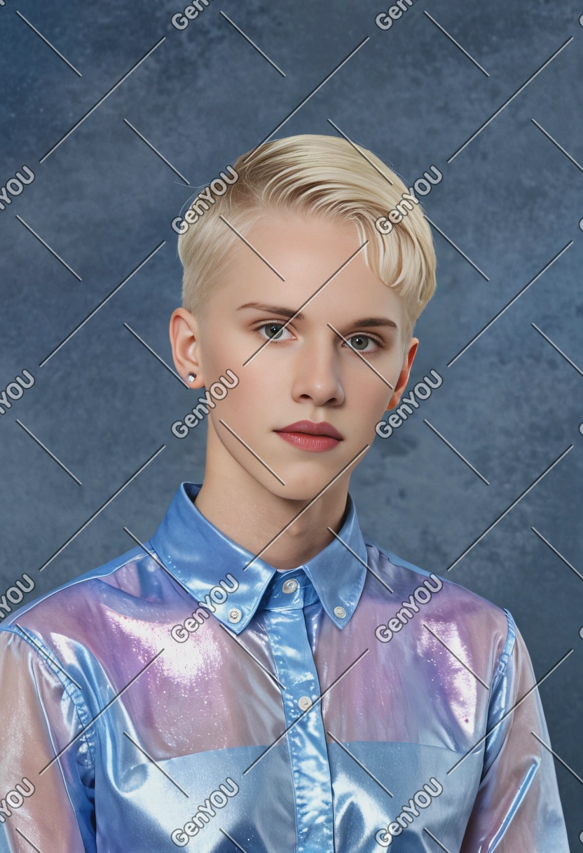 blonde student with a pixie cut and an iridescent shirt with clear buttons, classic blue yearbook background 