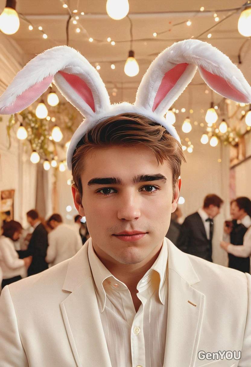 iPhone camera quality, sharp high-quality, soft smiling, realistic skin texture, dreamy look, mid-shot photo, in a white suit, wearing bunny ears, blurred easter party with glowing bulbs background, golden hour