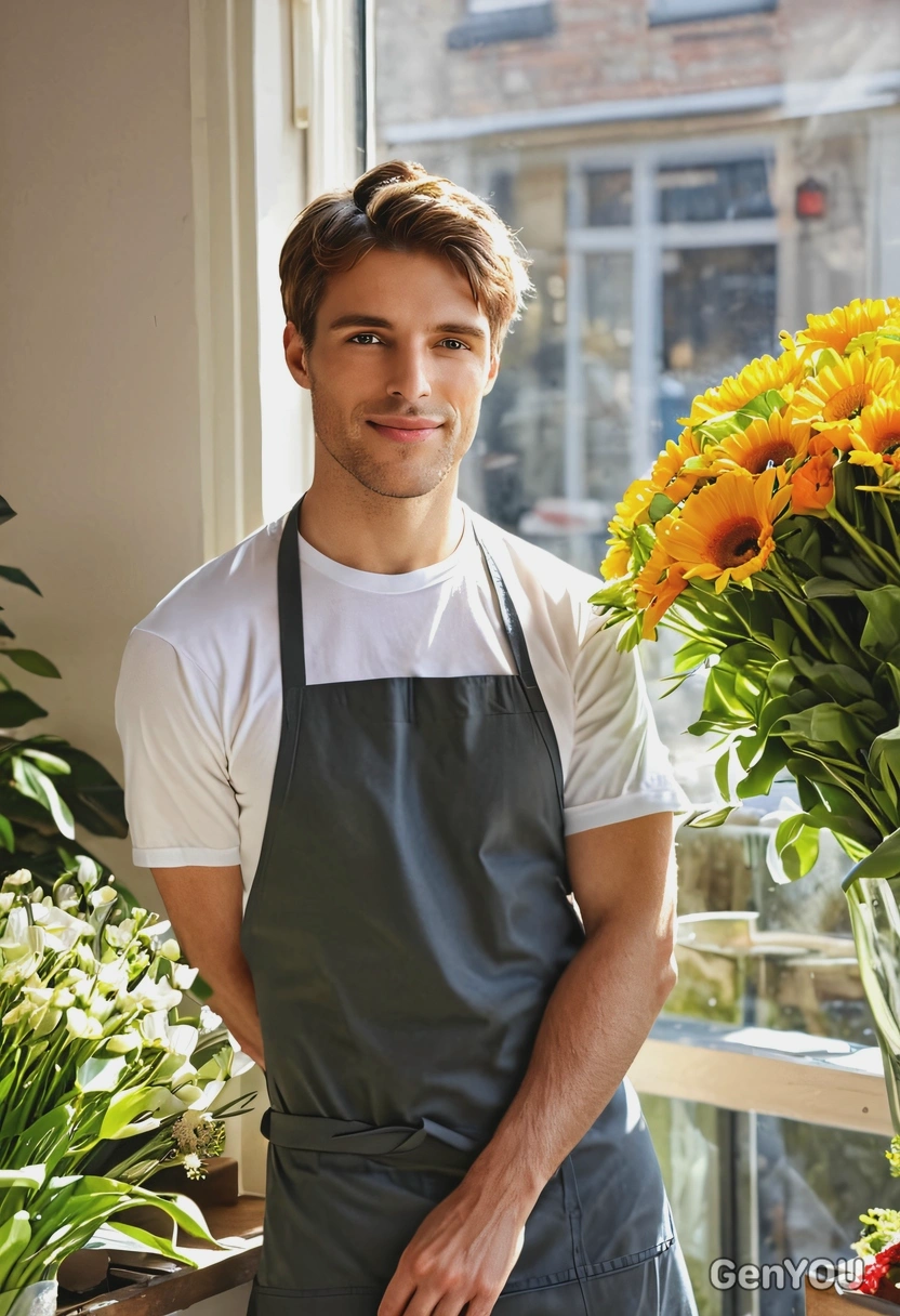 sharp quality photo, florist, wearing hip apron and white t-shirt, relaxed pose,  profile view, bright sun rays from the window, blurry florist store background