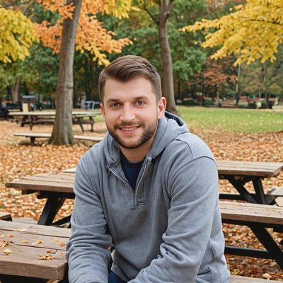 sitting at a picnic table in a park, fall background
