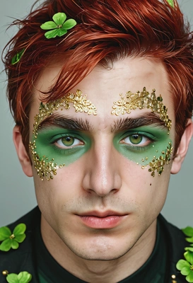 sharp focus on the face, close-up, flight red hair, makeup with green eyeshadow, gold rhinestones and glitter on the cheeks, four-leaf clovers in hair, symmetrical details, professional photoshoot