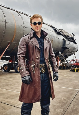 as a Steampunk aviator, wearing a leather trench coat, brass goggles, and a utility belt with gears, standing beside an airship dock