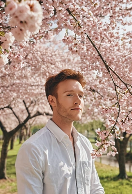 A man gently leaning to cherry blossoms tree in warm, soft light.