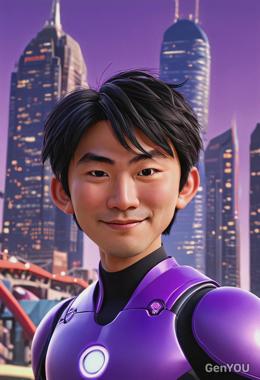 3D Disney cartoon style, soft smiling Hiro Hamada from Big Hero 6, wearing his purple tech suit, oversized cartoon asian eyes, futuristic city skyline background