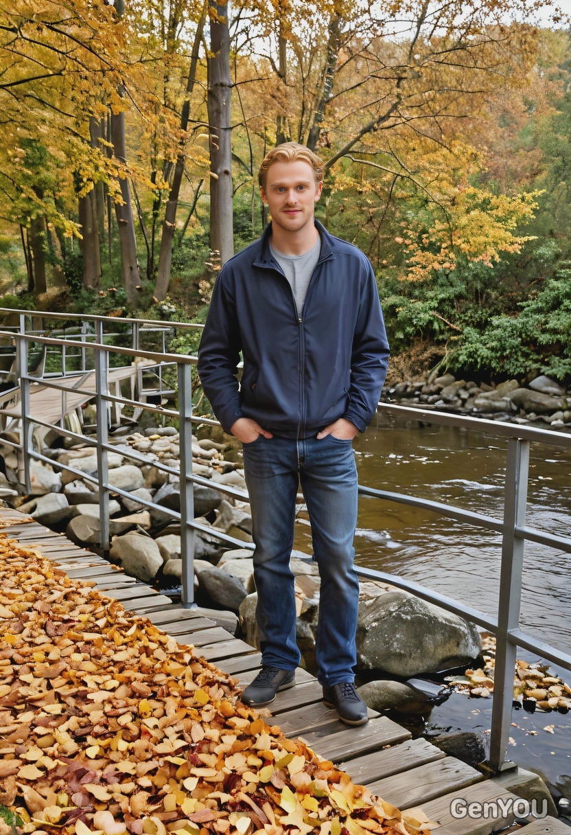 a man standing on a bridge over a peaceful river, surrounded by autumn leaves, mid shot photo