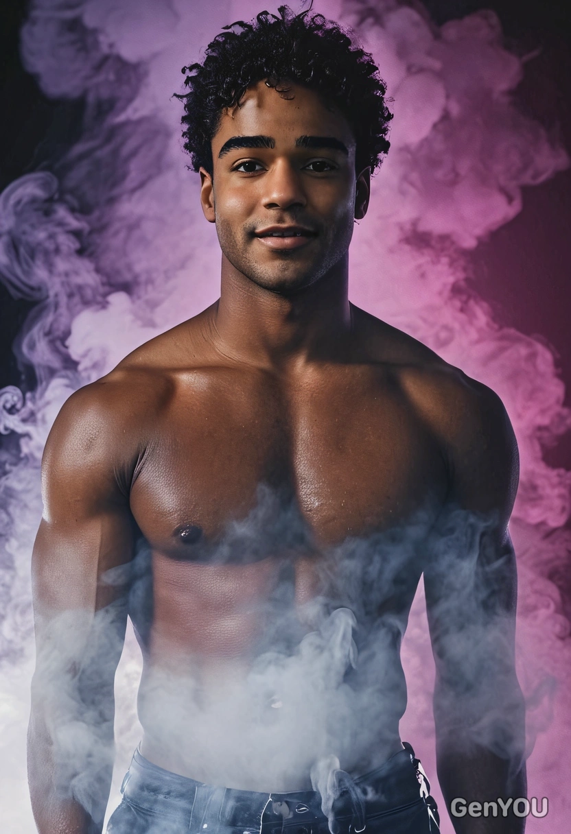 standing in a thick smoke cloud, abs, high-quality portrait, neon lights background, looking at viewer