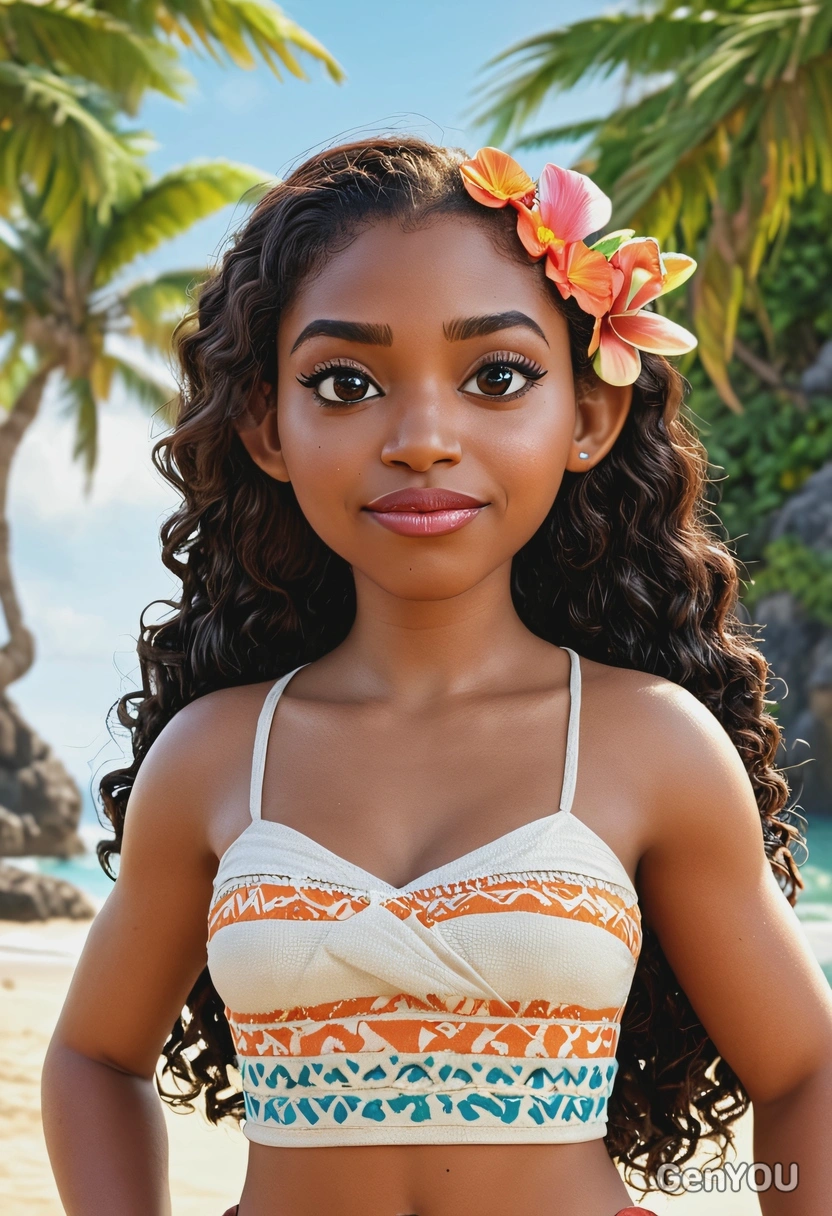 3D Disney cartoon style, soft smiling Moana, wearing island outfit, oversized cartoon big sparkling eyes, waist-up pose, tropical beach background