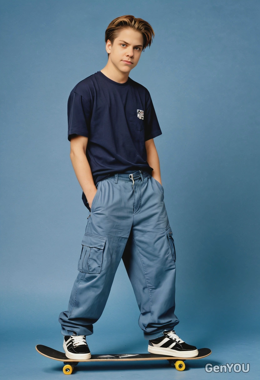 a 90s skater with baggy cargo pants and a graphic skateboard, giving a relaxed pose against a standard yearbook blue backdrop