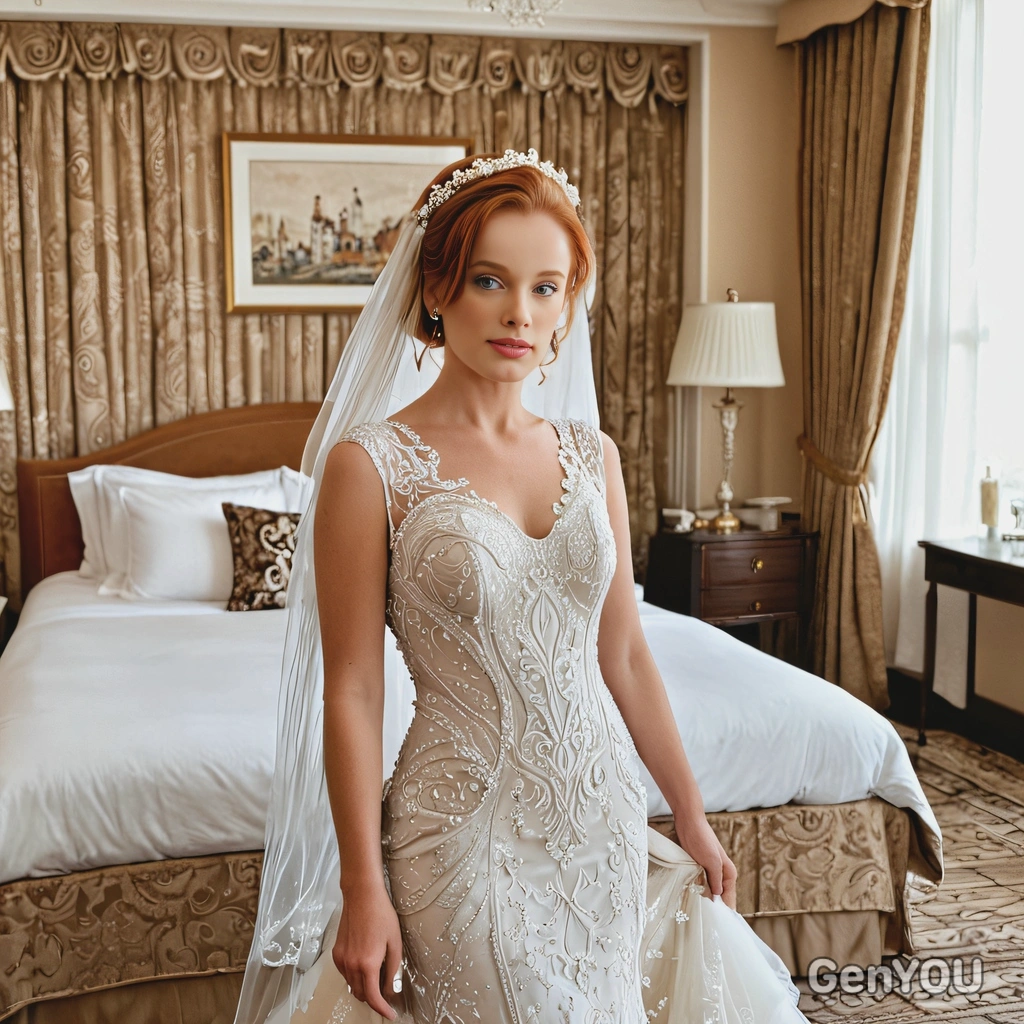 as a bride, wearing a vintage-inspired gown with intricate beading, posing in a luxurious hotel room