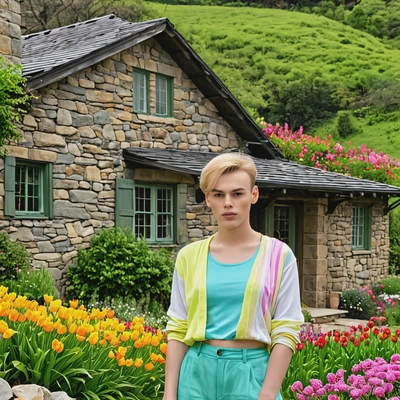 dressed in light spring colors, standing in front of a rustic stone cottage surrounded by lush green hills and flower beds bursting with vibrant colors, half body 