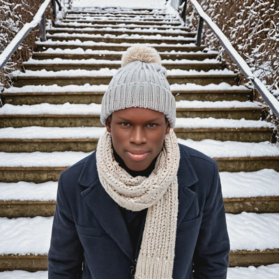 in a wool hat and scarf, walking down snow-covered steps