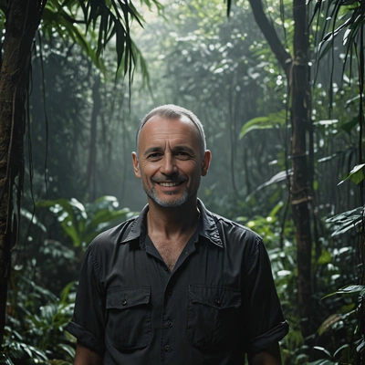 standing in the jungle confindent dark light portait blurred background movie still